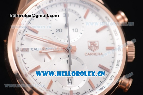 Tag Heuer Carrera Calibre 1887 Swiss Valjoux 7750 Automatic Rose Gold Case with Silver Dial and Stick Markers Brown Leather Strap (V6) - Click Image to Close